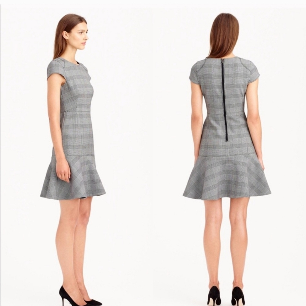J. Crew Black/White Glen Cap Sleeve Houndstooth Plaid Midi Dress Women's Sz 8 - Picture 1 of 10